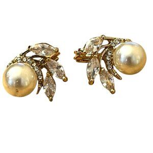 Marquis Cubic Zirconia Imitation Pearl Gold Tone Comfort Clip On Earrings TJG